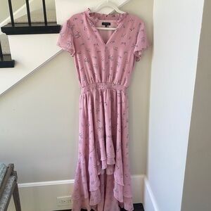 1. State Split Neck High Low Dress in Petite Calico Roses. Medium.